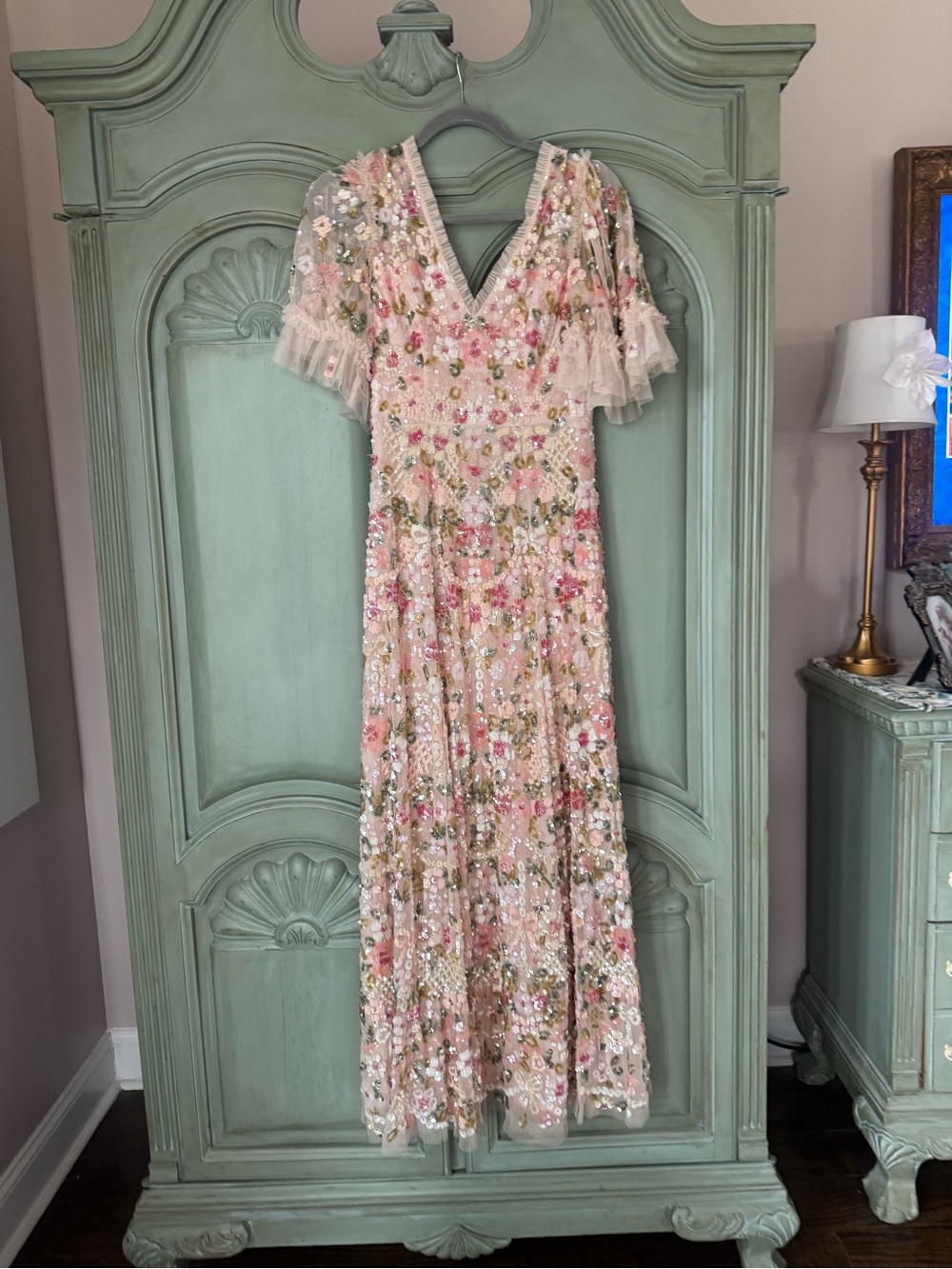 Needle & Thread Pink Floral Sequin V-Neck Maxi Dress